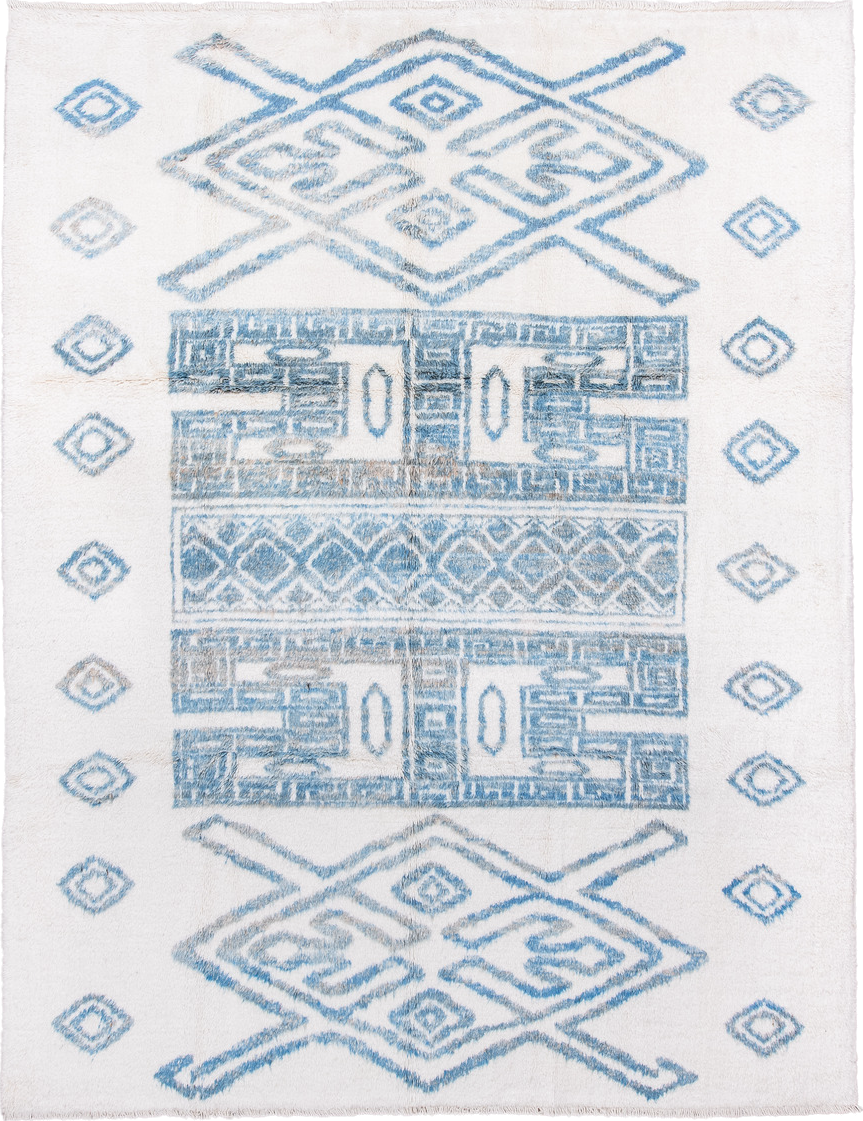 8' x 11' one-of-a-kind handmade vintage Moroccan large size rug. Color palette: alice blue, blue, dark gray, dim gray