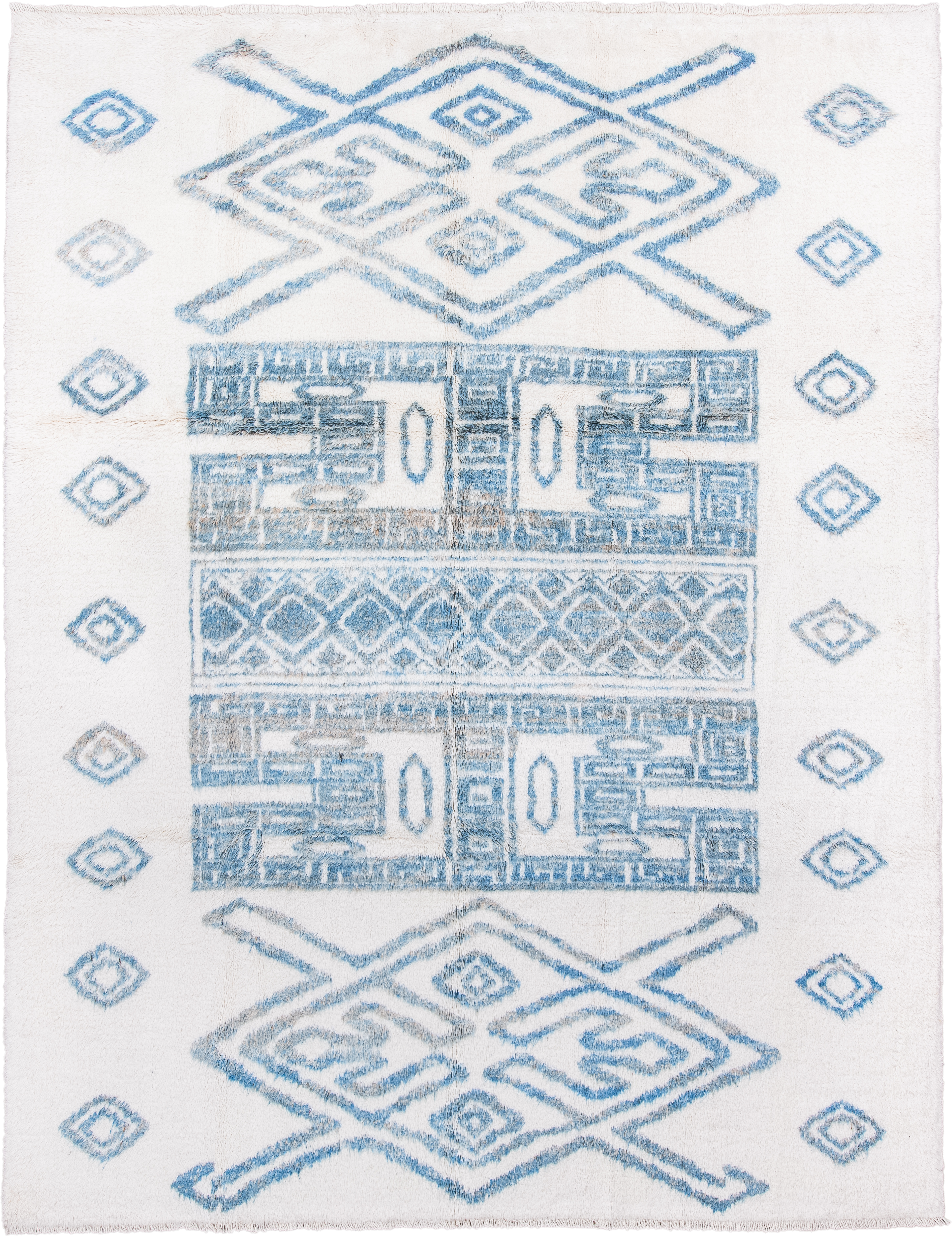 8' x 11' one-of-a-kind handmade vintage Moroccan large size rug. Color palette: ivory, sky_blue, pale_blue, light blue