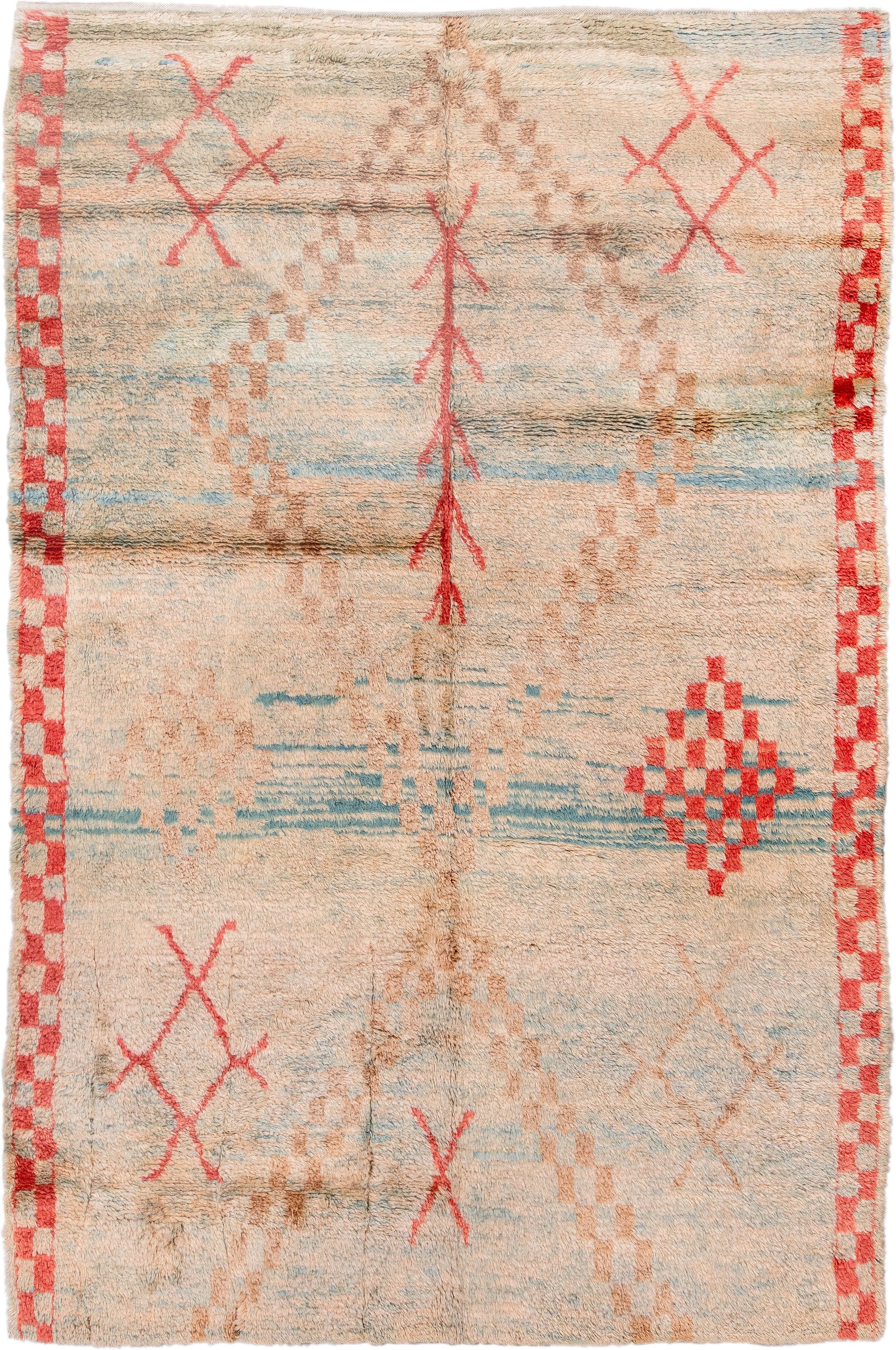 6' x 10' one-of-a-kind handmade vintage Moroccan large size rug. Color palette: ivory, coral, sky_blue, camel, taupe