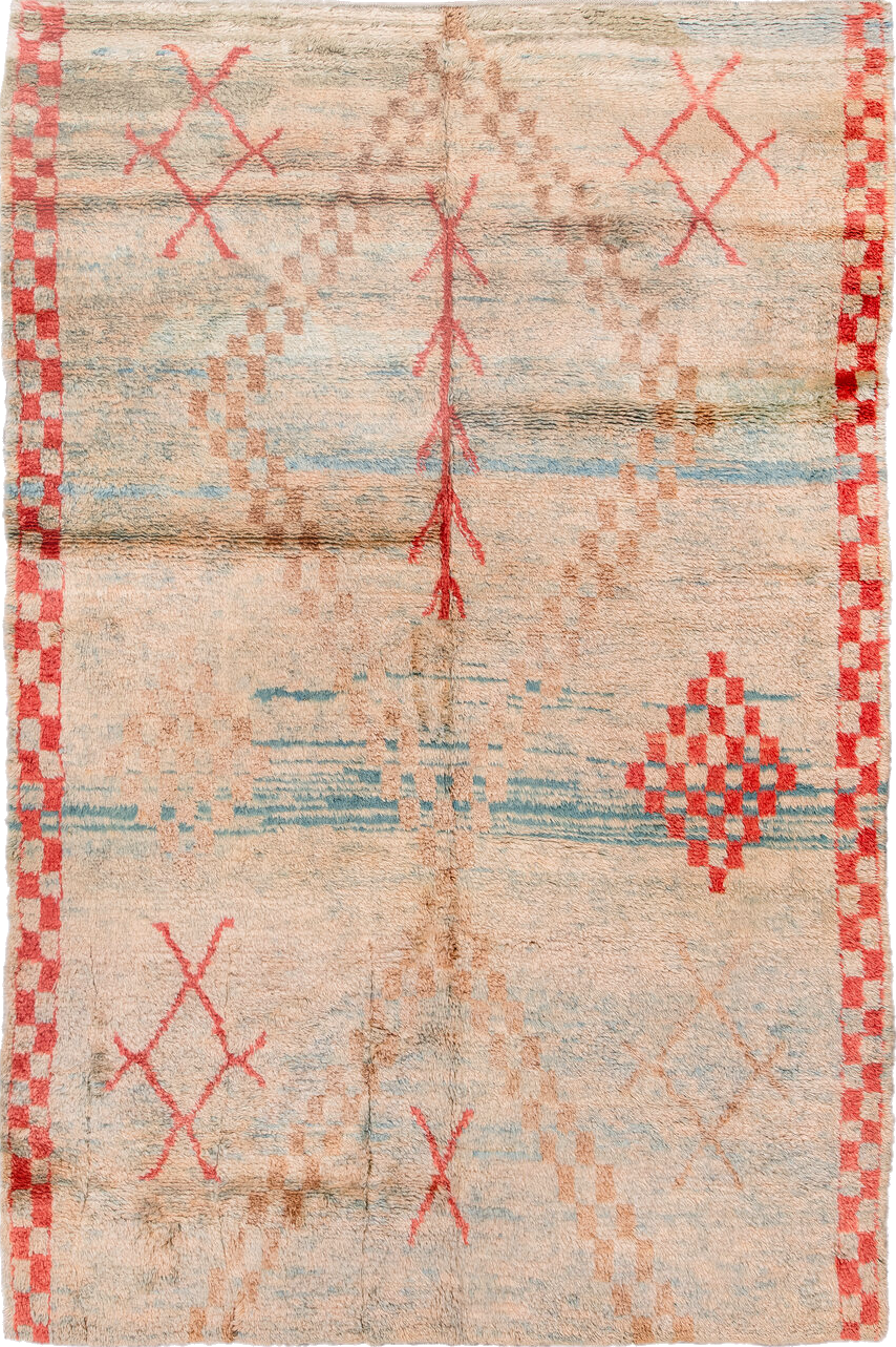 6' x 10' one-of-a-kind handmade vintage Moroccan large size rug. Color palette: brown, gray, light gray, off-white, pink