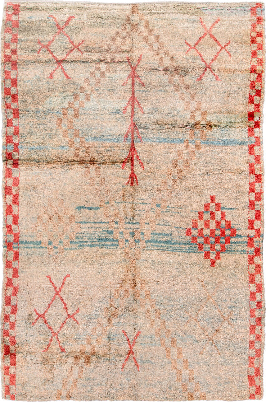 6' x 10' one-of-a-kind handmade vintage Moroccan large size rug. Color palette: ivory, coral, sky_blue, camel, taupe