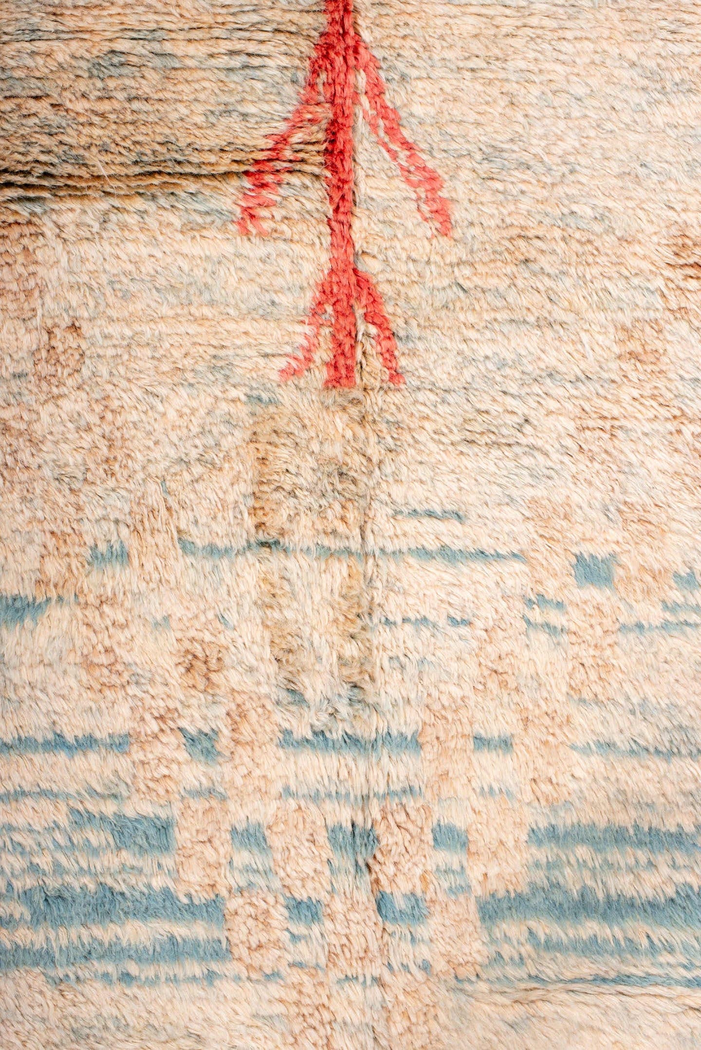 6' x 10' one-of-a-kind handmade vintage Moroccan large size rug. Color palette: ivory, coral, sky_blue, camel, taupe