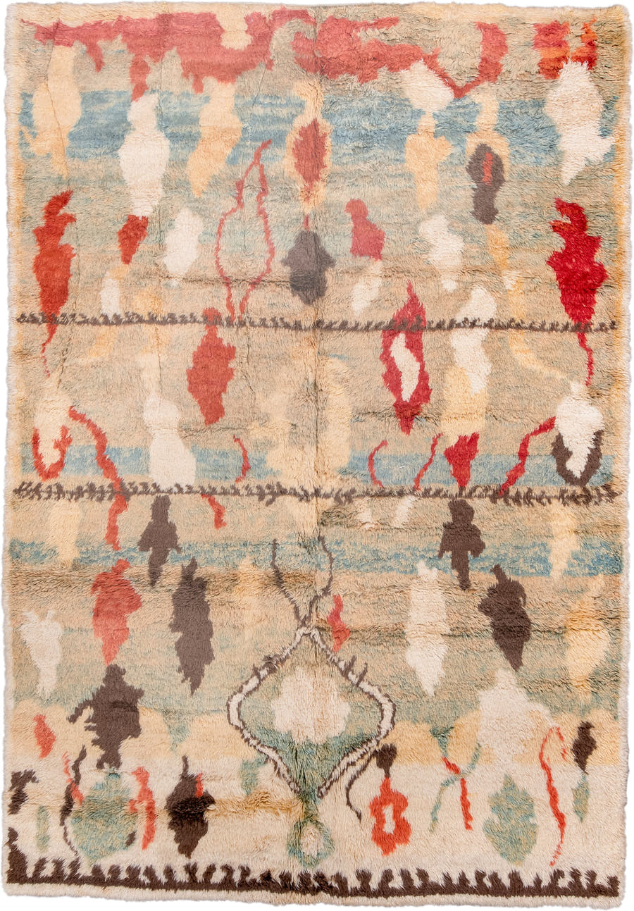 6' x 10' one-of-a-kind handmade vintage Moroccan large size rug. Color palette: ivory, aqua, coral, brown, rust, cream, sage