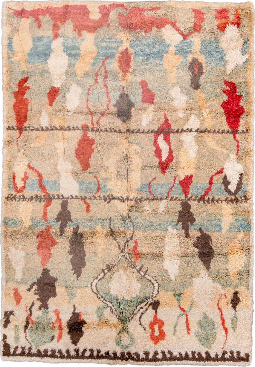 6' x 10' one-of-a-kind handmade vintage Moroccan large size rug. Color palette: ivory, aqua, coral, brown, rust, cream, sage