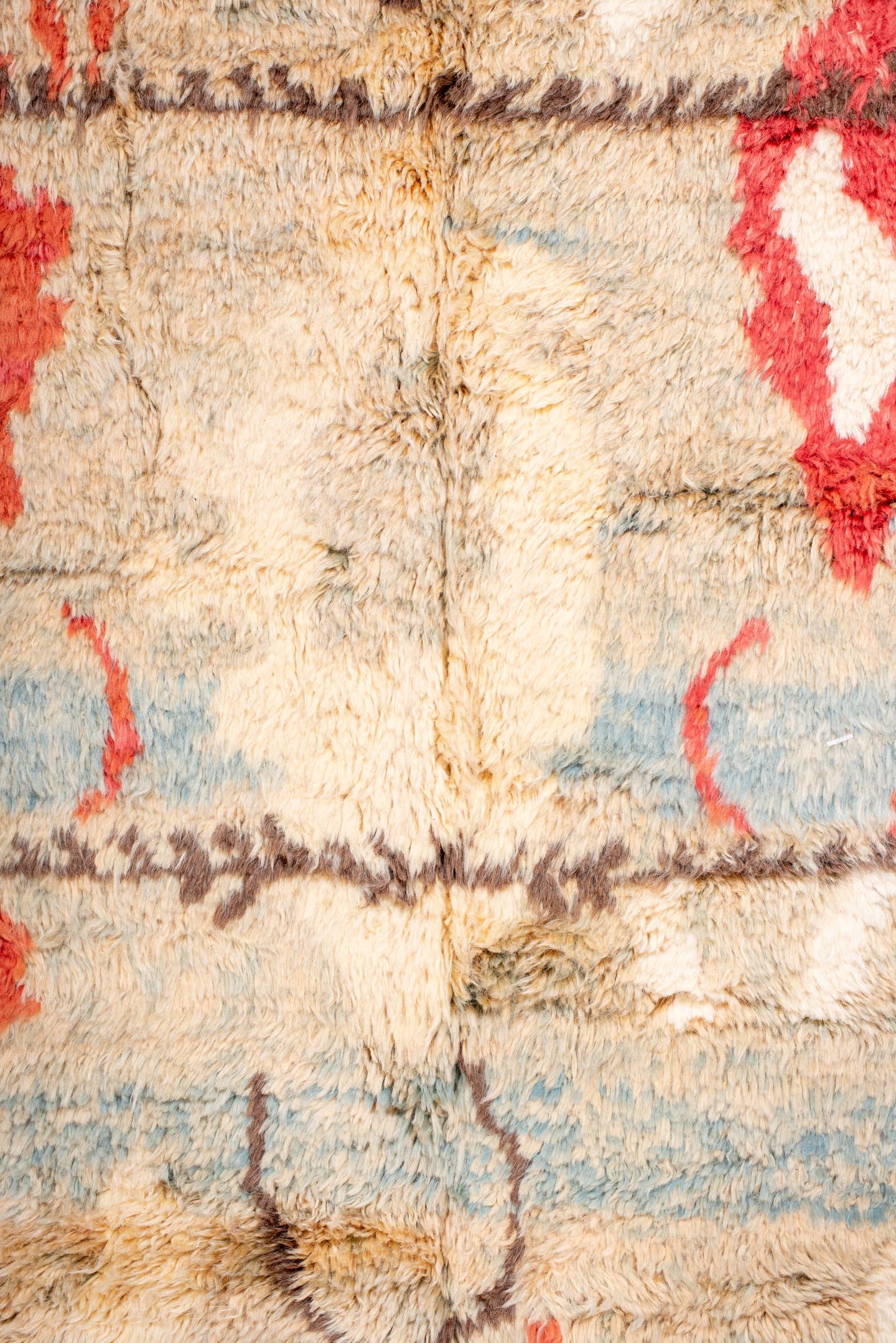 6' x 10' one-of-a-kind handmade vintage Moroccan large size rug. Color palette: ivory, aqua, coral, brown, rust, cream, sage