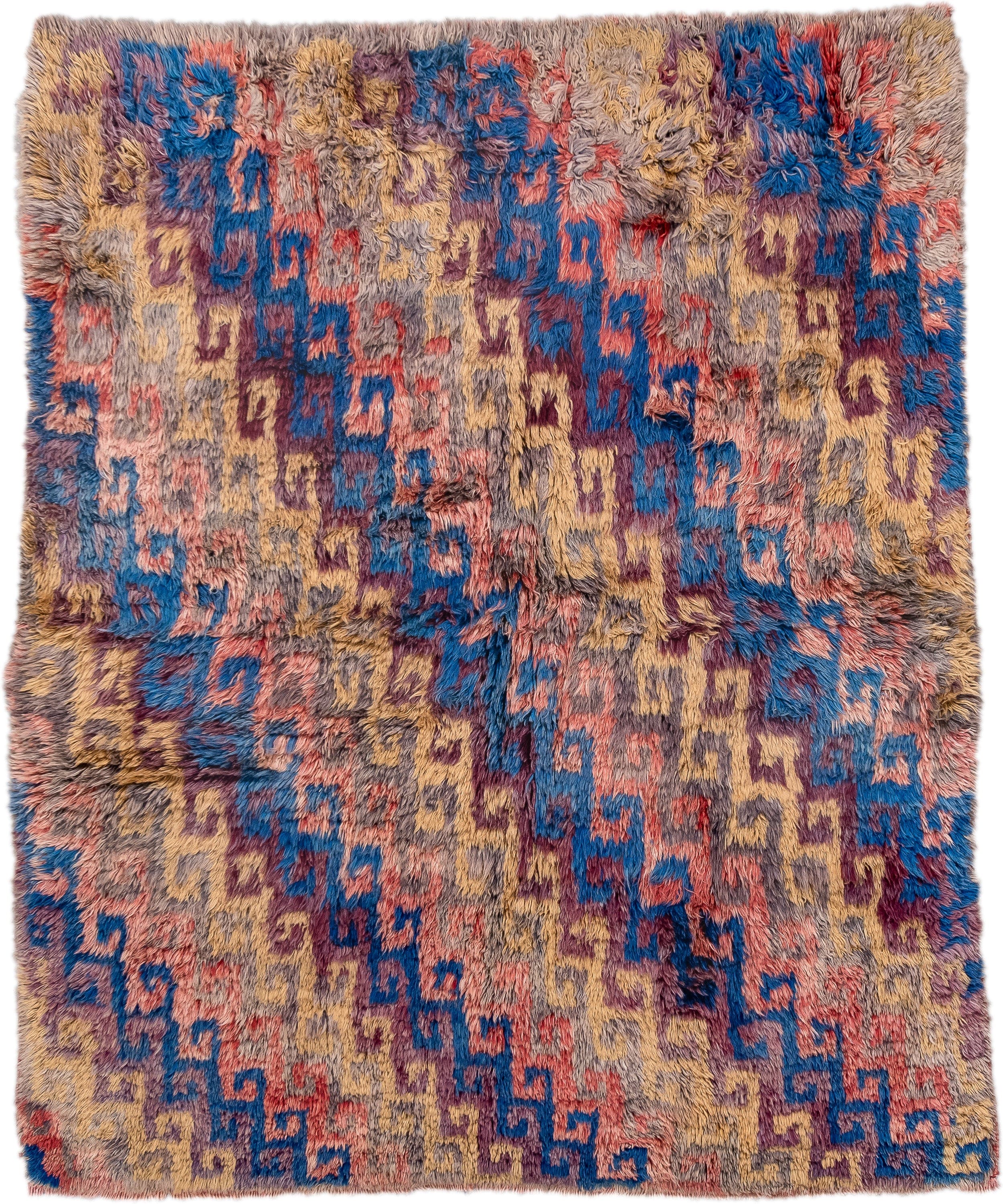 4' x 5' one-of-a-kind handmade vintage Moroccan small size rug. Color palette: taupe, blue, gold, plum, coral, gray, beige
