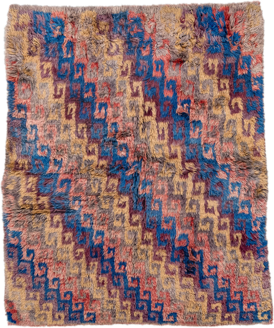 4' x 5' one-of-a-kind handmade vintage Moroccan small size rug. Color palette: taupe, blue, gold, plum, coral, gray, beige