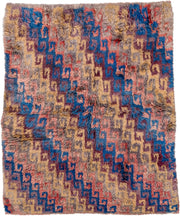 4' x 5' one-of-a-kind handmade vintage Moroccan small size rug. Color palette: taupe, blue, gold, plum, coral, gray, beige