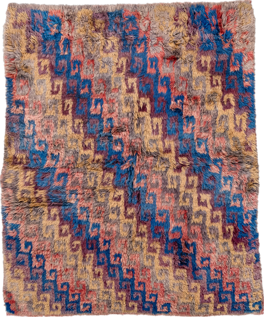4' x 5' one-of-a-kind handmade vintage Moroccan small size rug. Color palette: blue, brown, burlywood, gray, pink, red