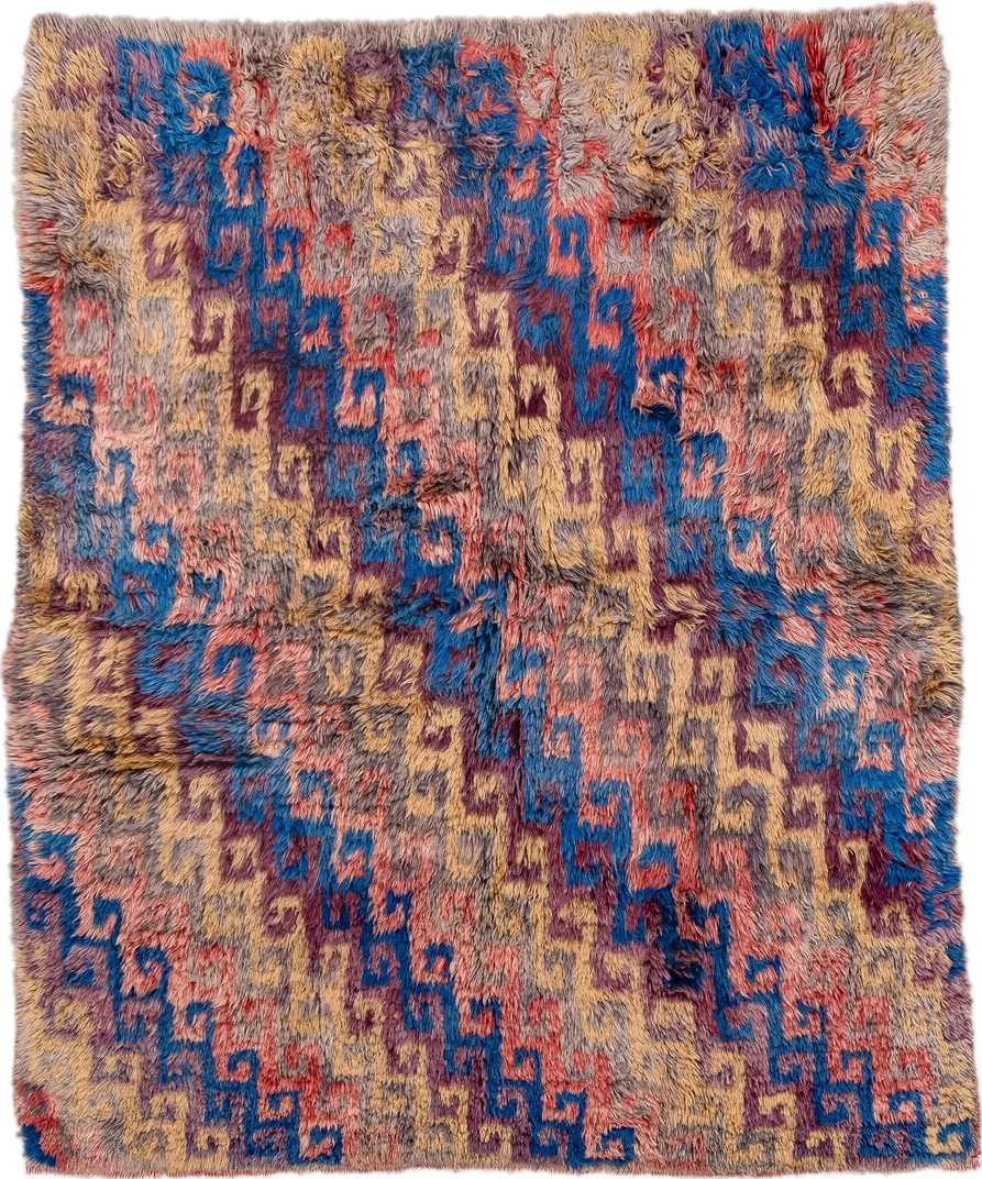 4' x 5' one-of-a-kind handmade vintage Moroccan small size rug. Color palette: blue, brown, burlywood, gray, pink, red
