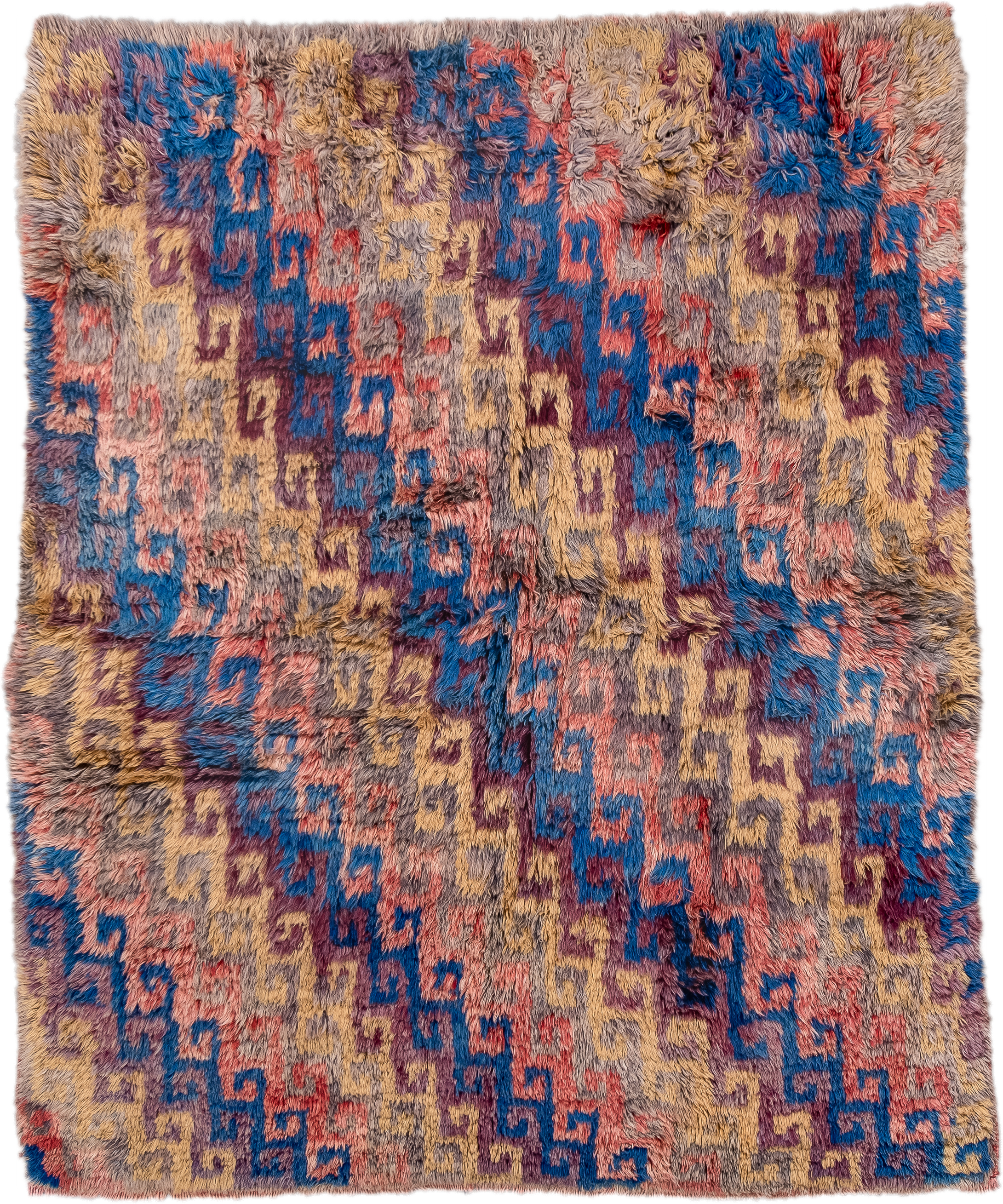 4' x 5' one-of-a-kind handmade vintage Moroccan small size rug. Color palette: taupe, blue, gold, plum, coral, gray, beige