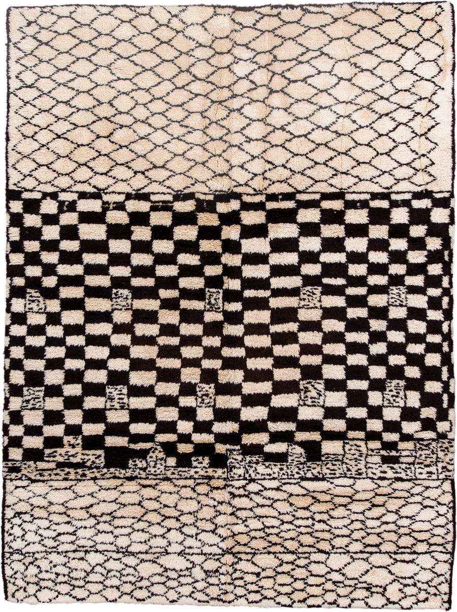 7' x 9' one-of-a-kind handmade vintage Moroccan rug. Color palette: ivory, brown, black, cream