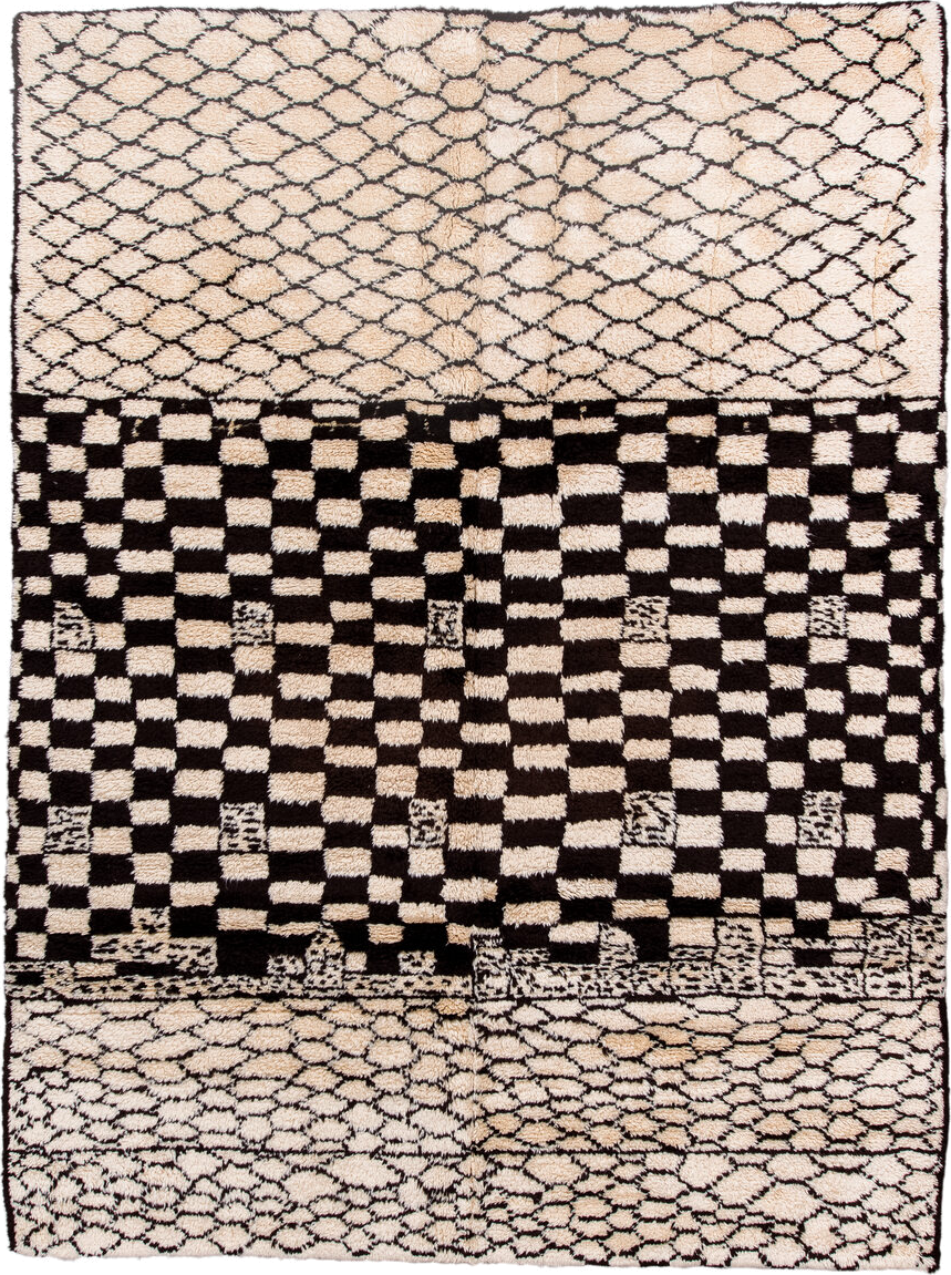 7' x 9' one-of-a-kind handmade vintage Moroccan rug. Color palette: ivory, brown, black, cream