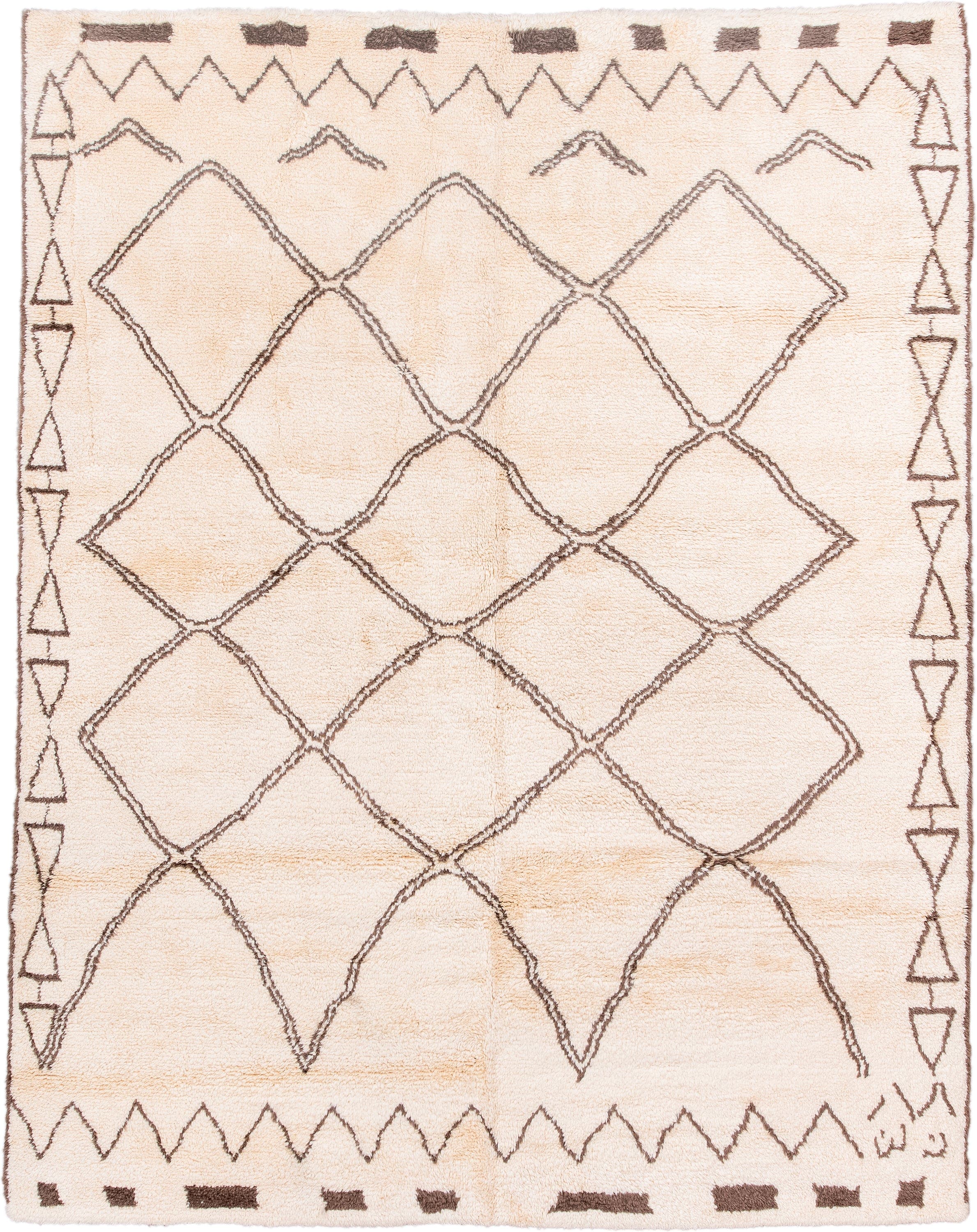 8' x 10' one-of-a-kind handmade vintage Moroccan large size rug. Color palette: ivory, brown, cream, taupe, beige, gray