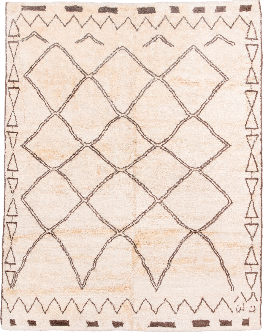 8' x 10' one-of-a-kind handmade vintage Moroccan large size rug. Color palette: ivory, brown, cream, taupe, beige, gray