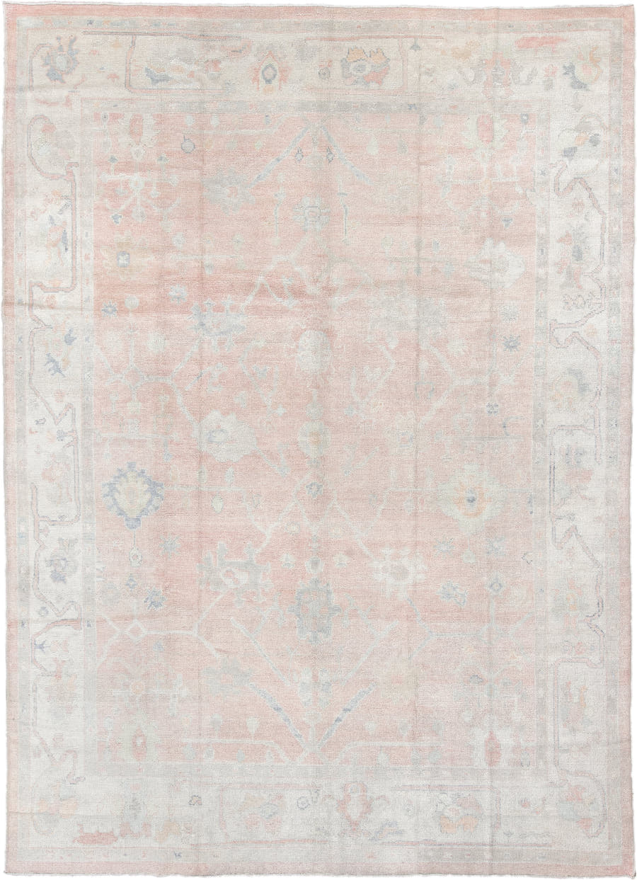 9' x 12' one-of-a-kind handmade vintage Oushak large size rug. Color palette: blush, ivory, cream, pale blue, taupe, peach