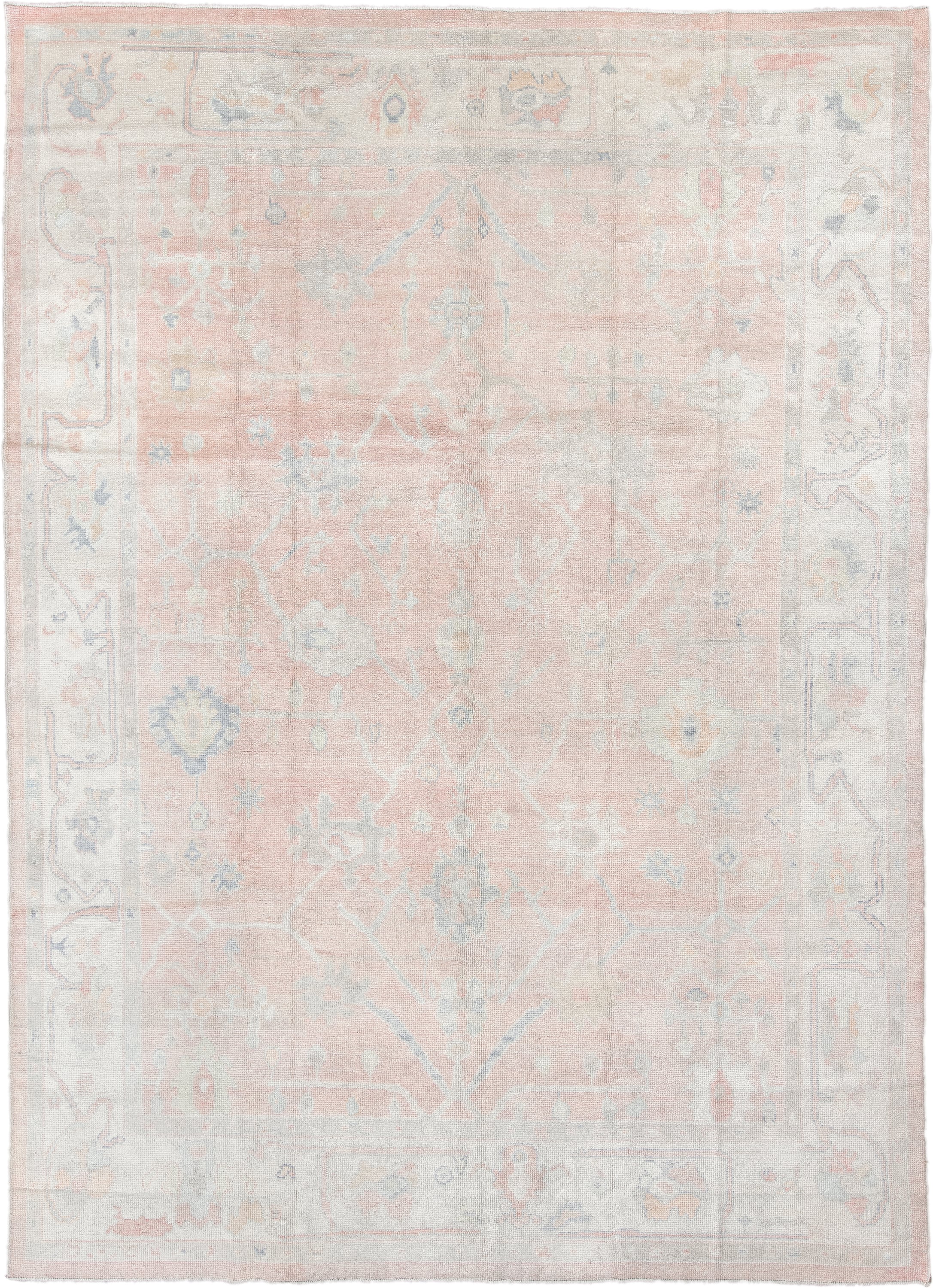 9' x 12' one-of-a-kind handmade vintage Oushak large size rug. Color palette: blush, ivory, cream, pale blue, taupe, peach
