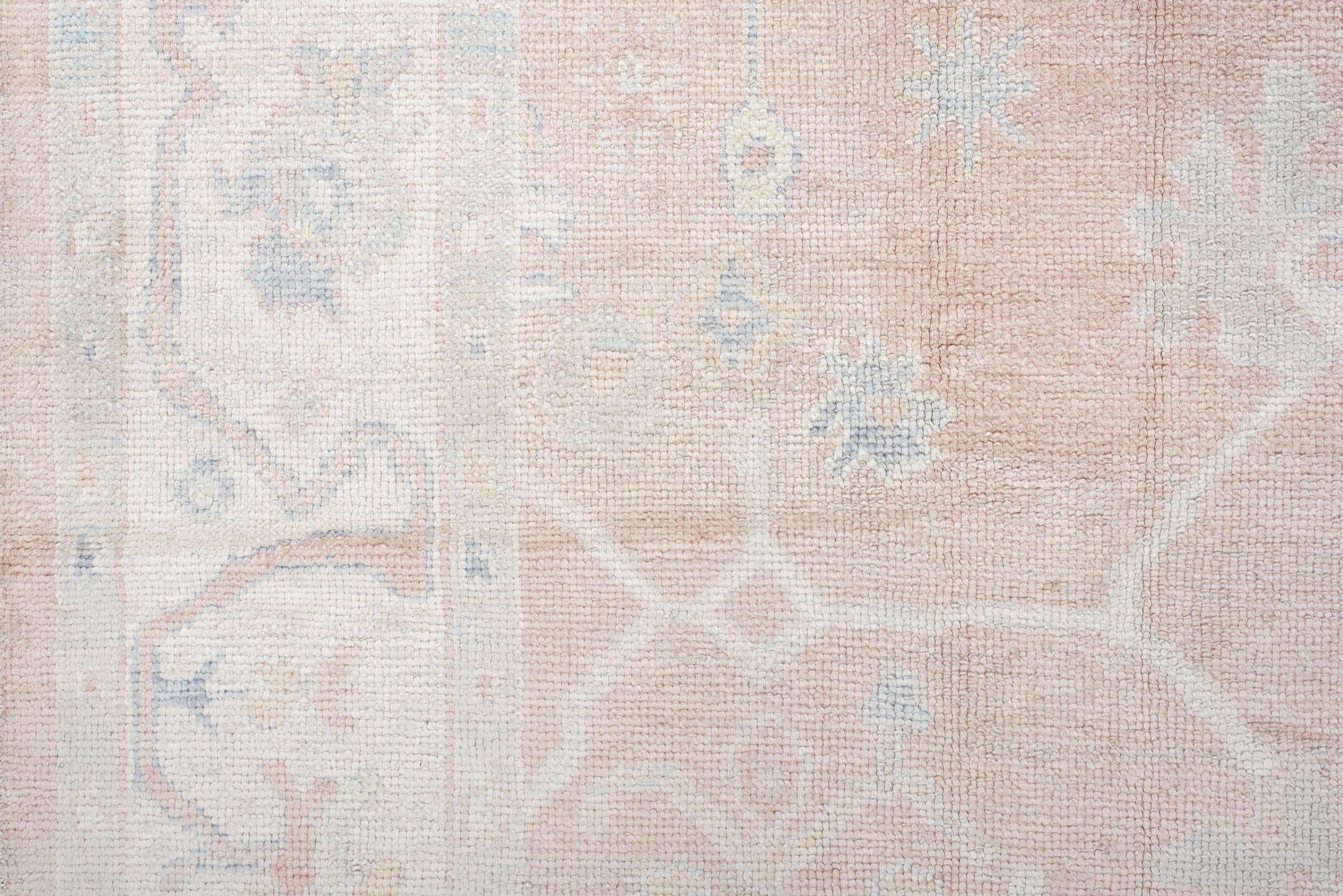 9' x 12' one-of-a-kind handmade vintage Oushak large size rug. Color palette: blush, ivory, cream, pale blue, taupe, peach