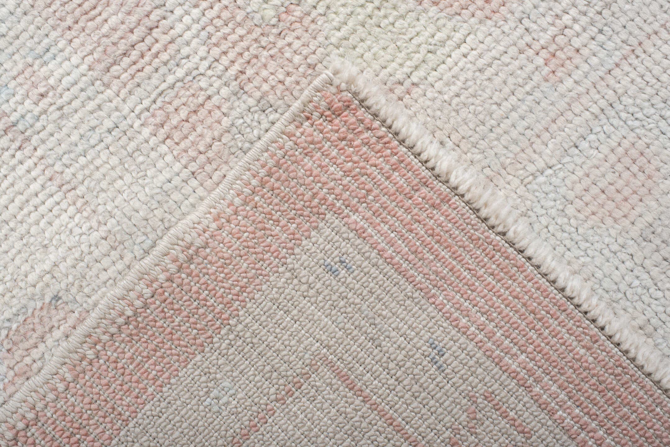 9' x 12' one-of-a-kind handmade vintage Oushak large size rug. Color palette: blush, ivory, cream, pale blue, taupe, peach