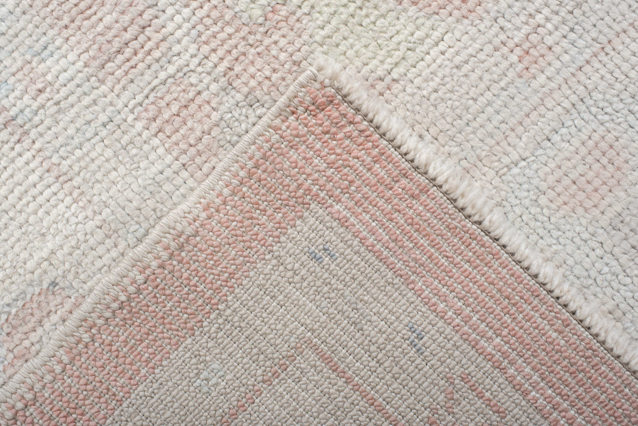 9' x 12' one-of-a-kind handmade vintage Oushak large size rug. Color palette: blush, ivory, cream, pale blue, taupe, peach