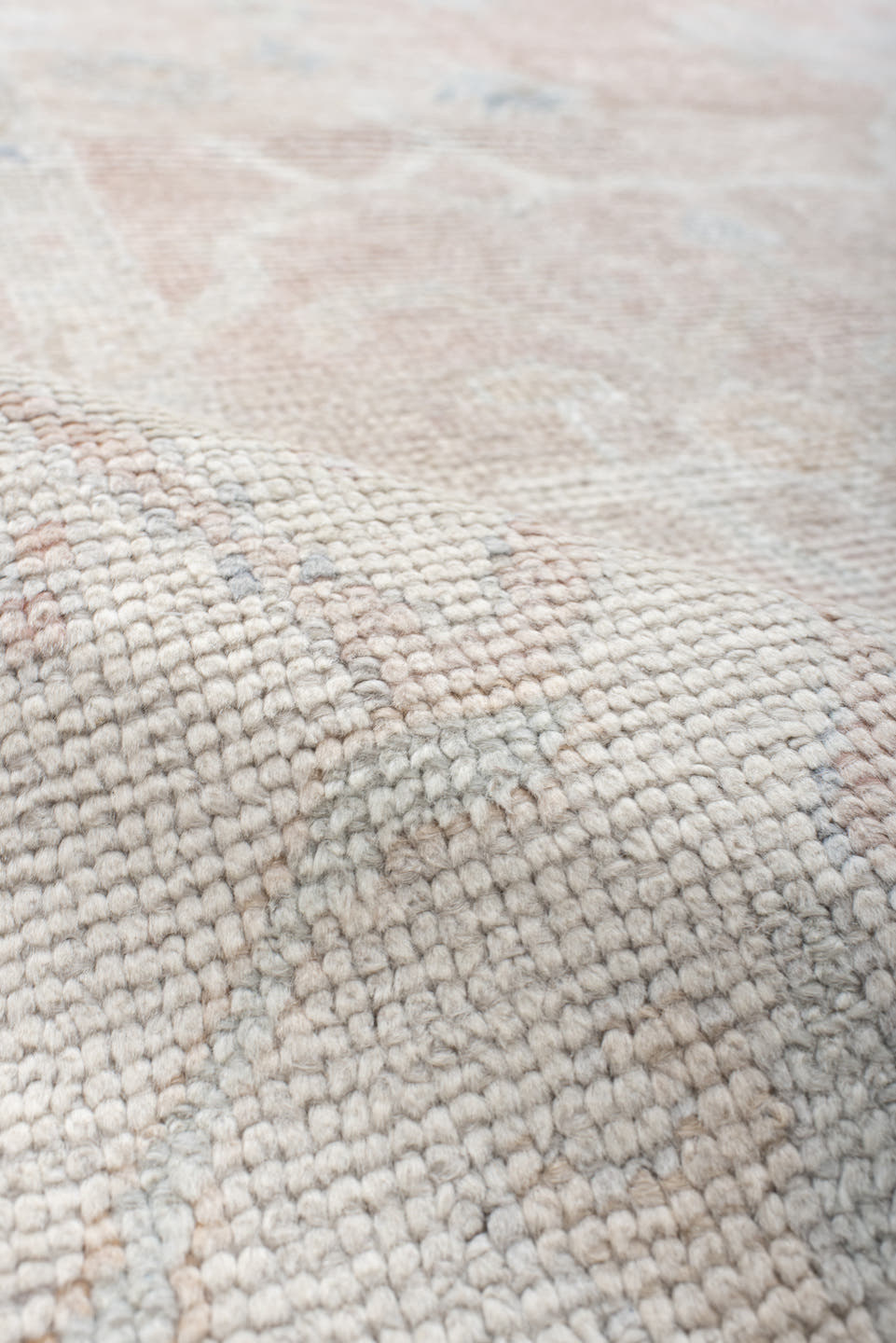 9' x 12' one-of-a-kind handmade vintage Oushak large size rug. Color palette: blush, ivory, cream, pale blue, taupe, peach