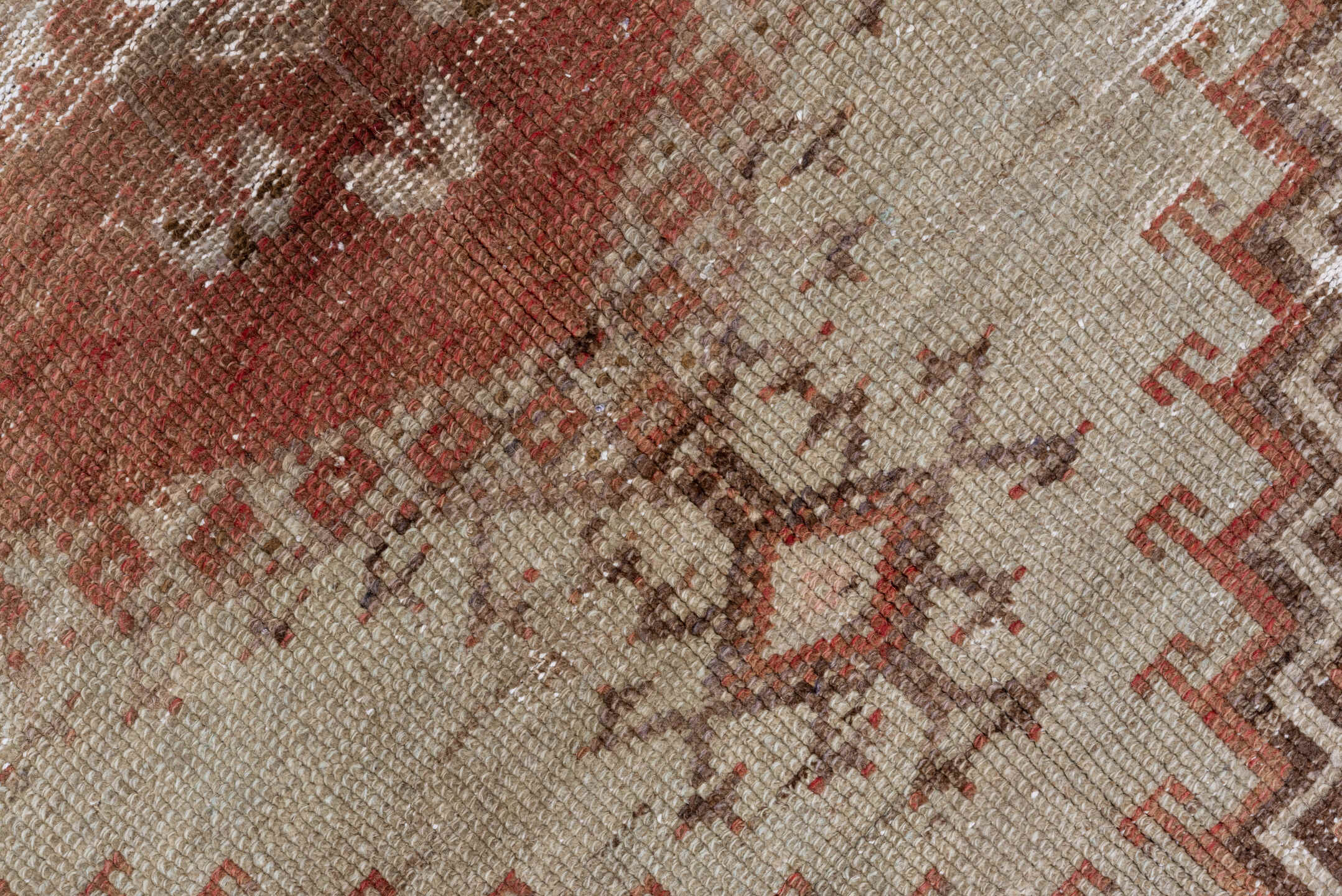 4' x 8' one-of-a-kind handmade vintage Oushak rug. Color palette: brown, gray, light gray, off-white, pink