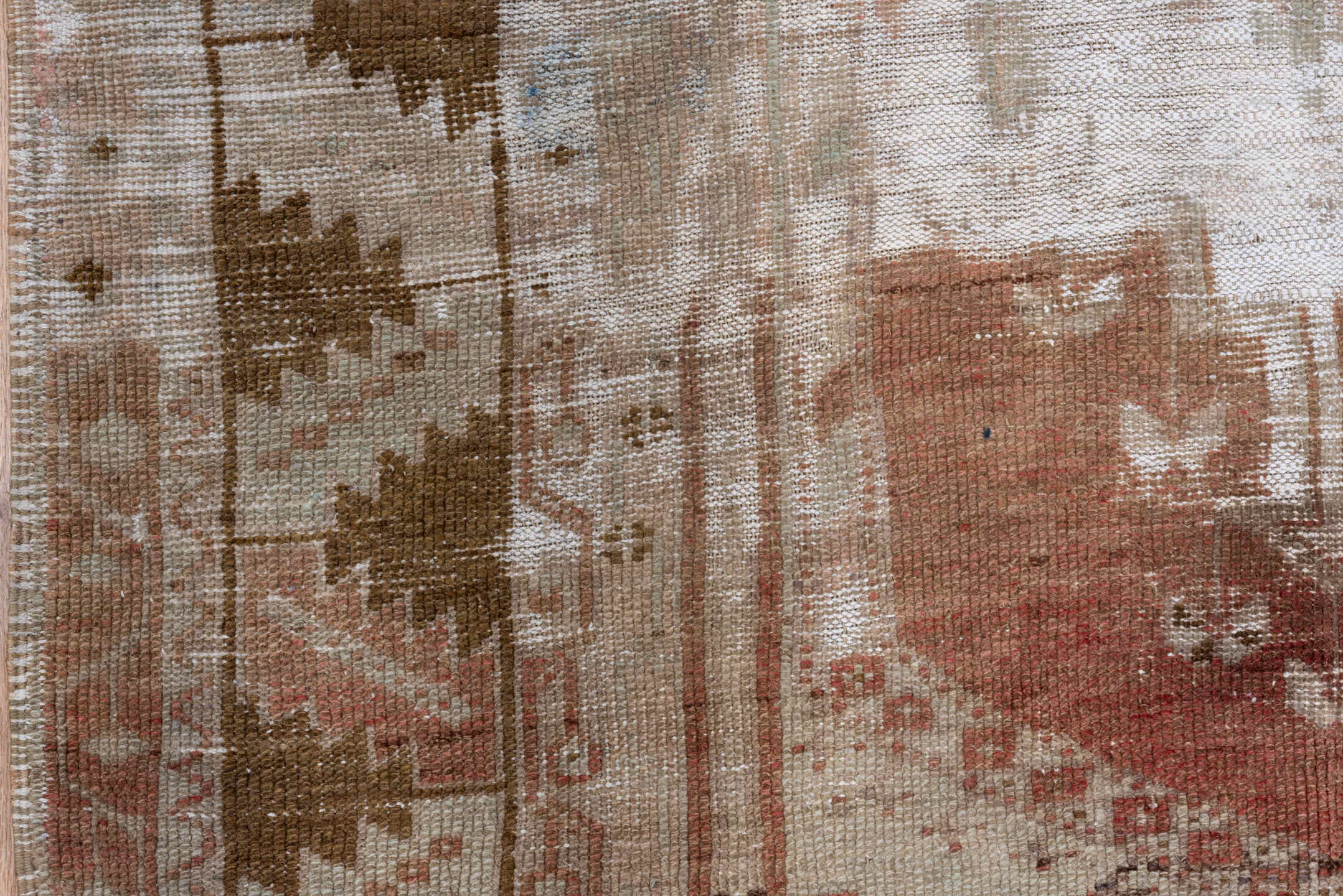 4' x 8' one-of-a-kind handmade vintage Oushak rug. Color palette: brown, gray, light gray, off-white, pink