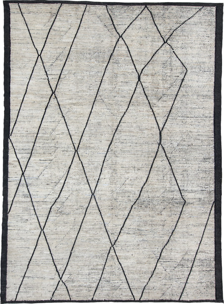 9' x 12' one-of-a-kind handmade vintage Tulu large size rug. Color palette: gray, off-white, light gray, blue, dark gray