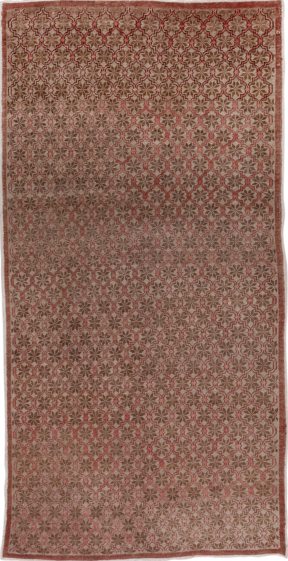 4' x 8' one-of-a-kind handmade vintage Oushak rug. Color palette: brown, gray, light gray, off-white, pink