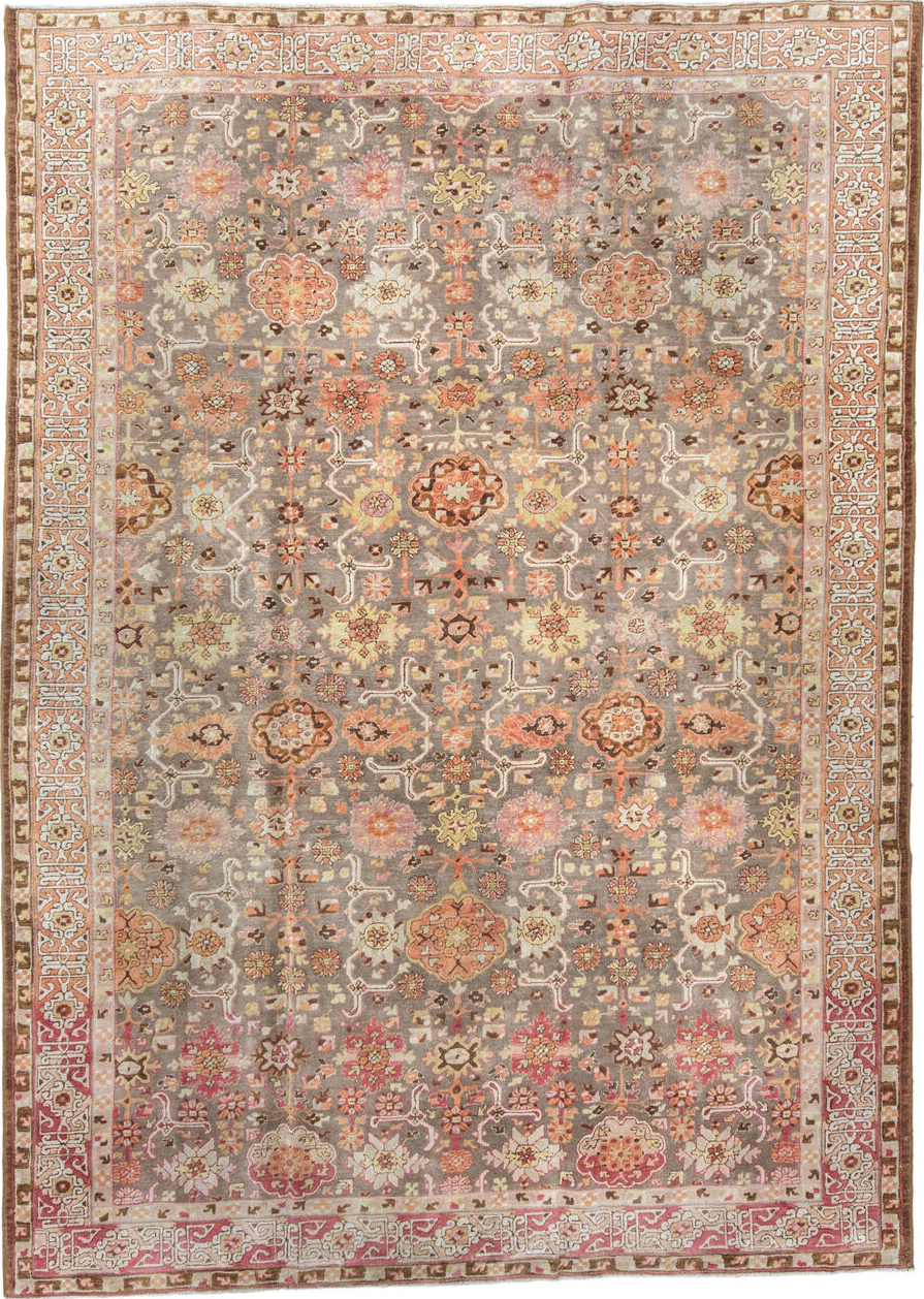 8' x 11' one-of-a-kind handmade vintage Hooked large size rug. Color palette: off-white, brown, pink, light gray, gray