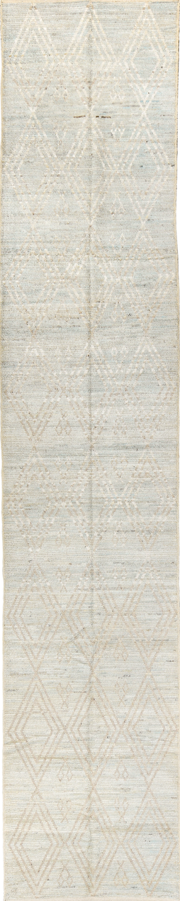 3' x 16' one-of-a-kind handmade vintage Tulu runner rug. Color palette: brown, gray, light gray, off-white, pink, silver