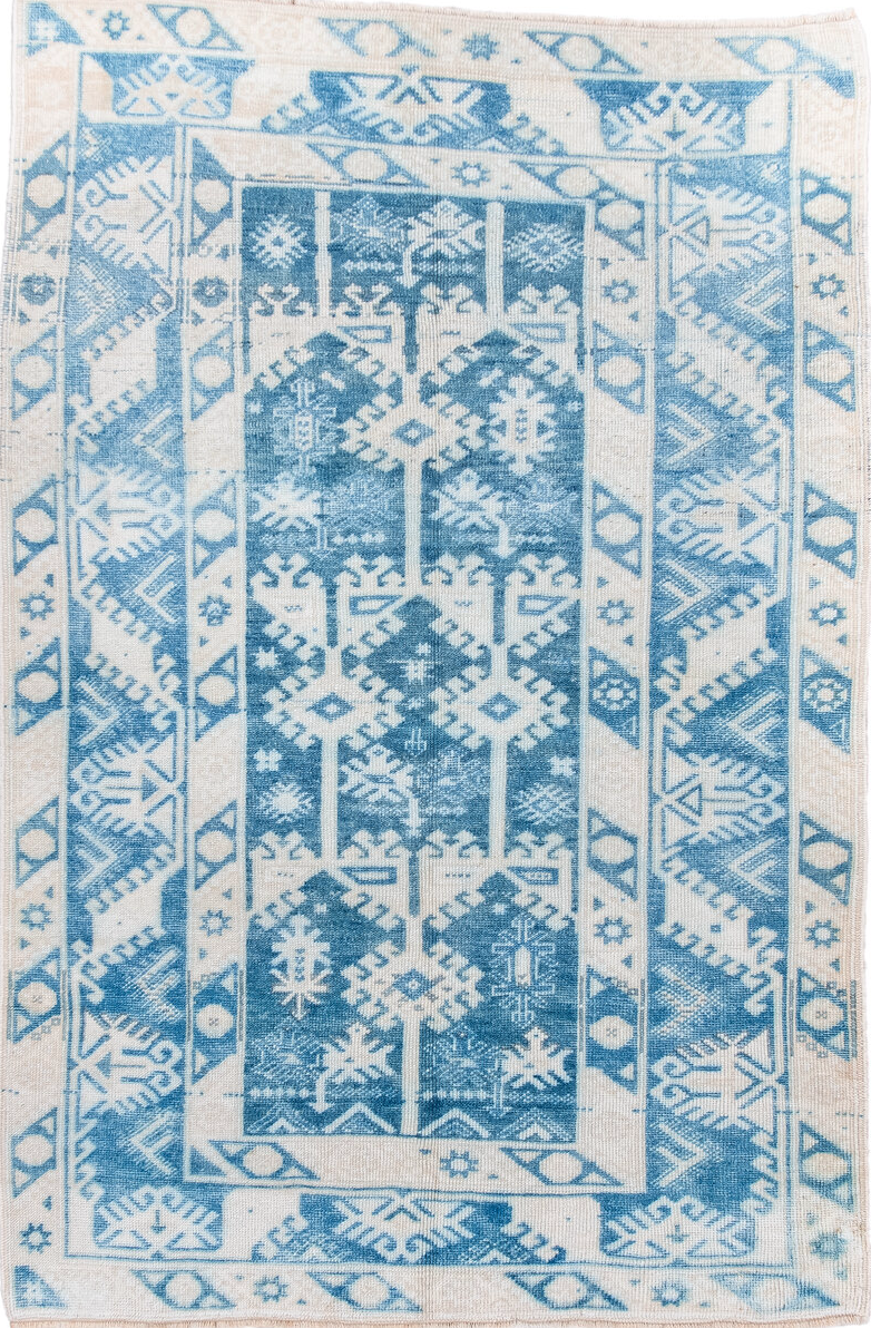 3' x 5' one-of-a-kind handmade vintage Anatol small size rug. Color palette: alice blue, blue, dark gray, gainsboro, gray