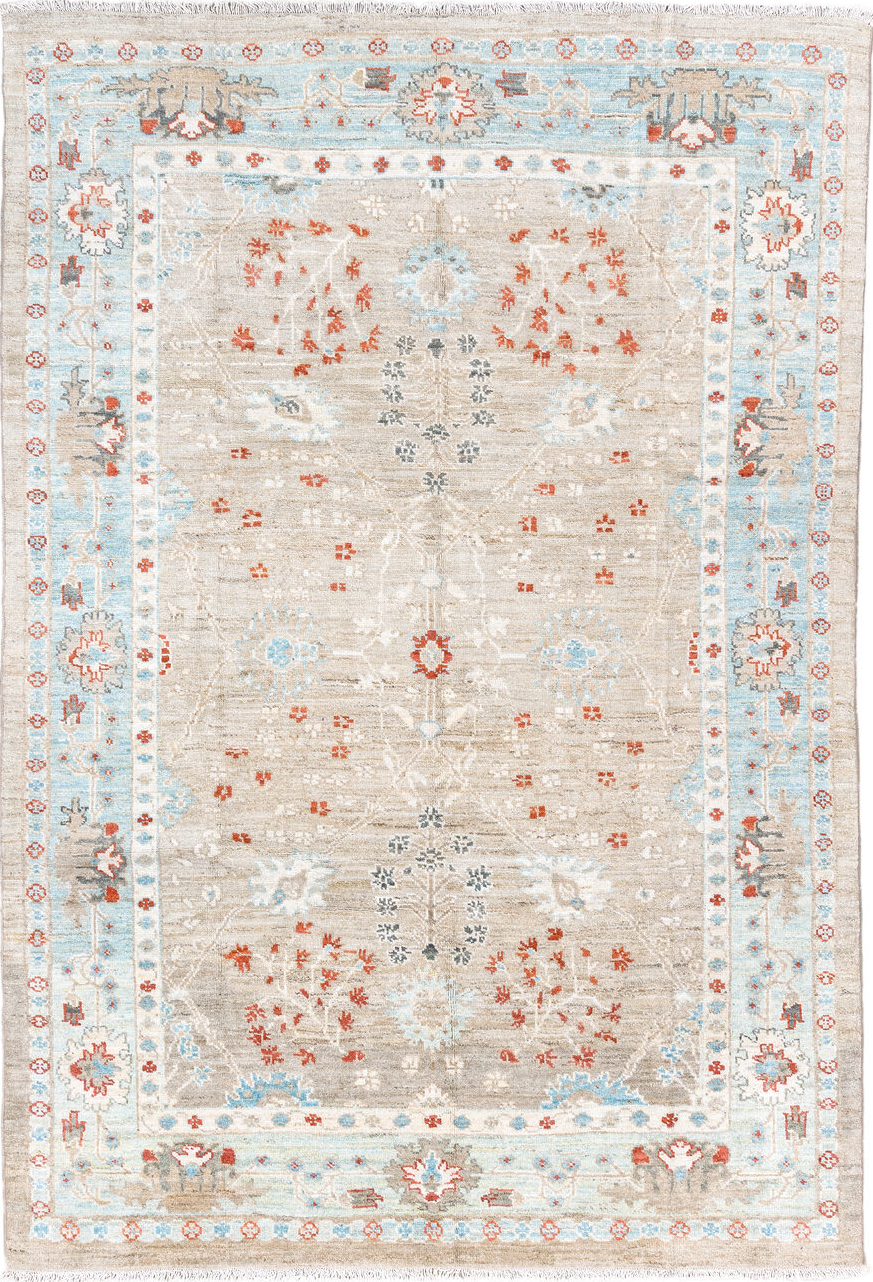 5' x 7' one-of-a-kind handmade vintage Sultanabad rug. Color palette: antiquewhite, beige, brown, dark gray, dark salmon