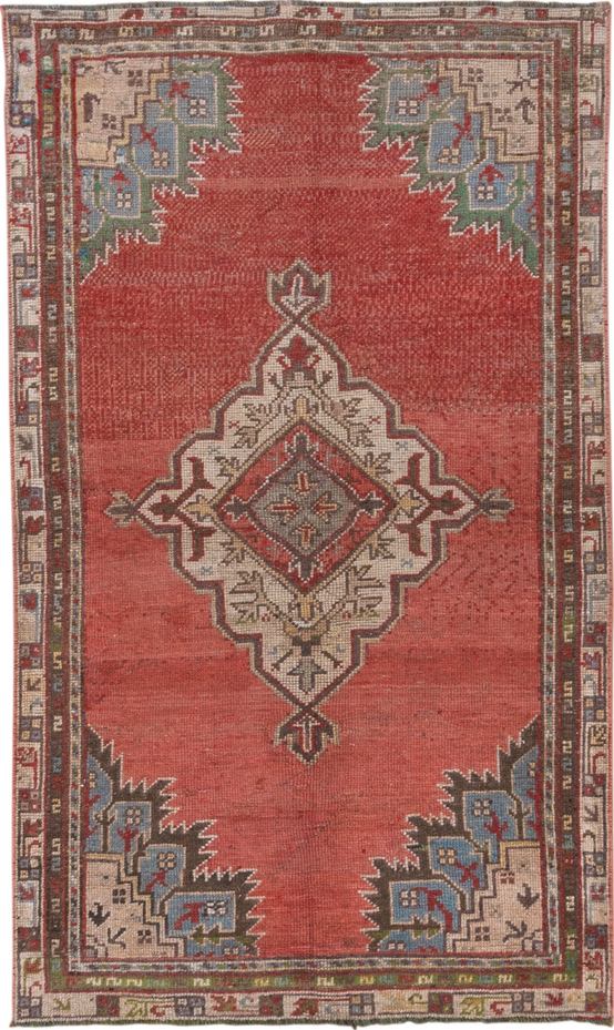 3' x 5' one-of-a-kind handmade vintage Oushak small size rug. Color palette: brown, gray, pink, red