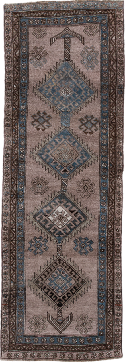 3' x 9' one-of-a-kind handmade vintage Kurd runner rug. Color palette: black, blue, brown, charcoal, dim gray, gray, pink