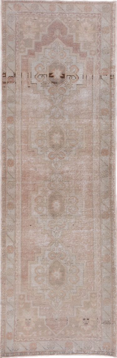 3' x 9' one-of-a-kind handmade vintage Oushak runner rug. Color palette: brown, gray, light gray, off-white, pink, snow