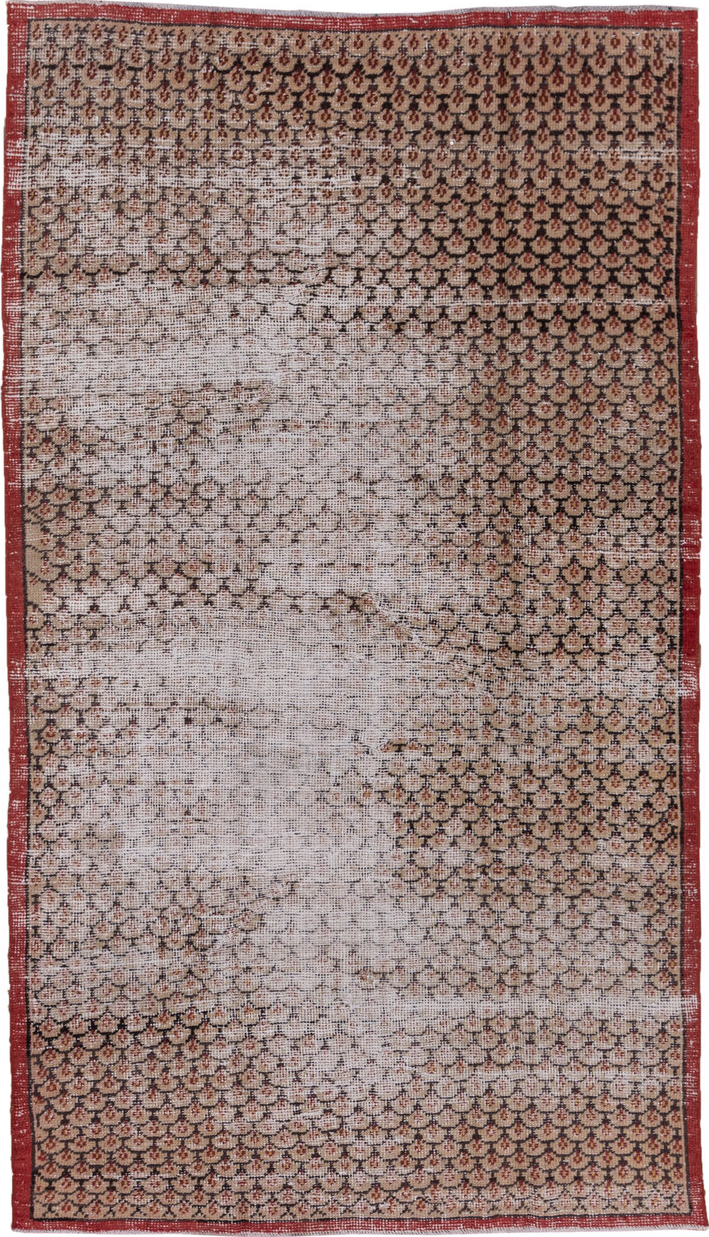 4' x 7' one-of-a-kind handmade vintage Oushak rug. Color palette: brown, gray, light gray, off-white, pink, red, redwood