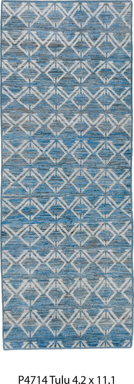 4' x 11' one-of-a-kind handmade vintage Tulu runner rug. Color palette: arapawa, blue, gainsboro, gray, light blue