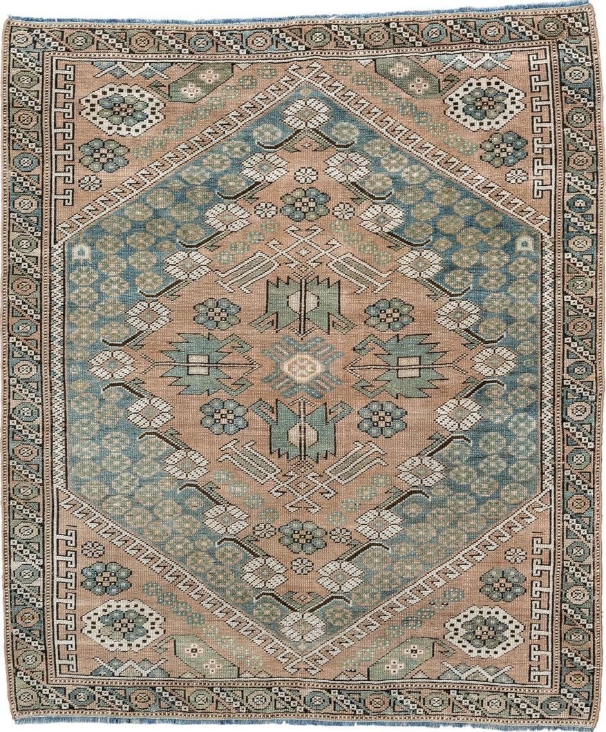 3' x 3' one-of-a-kind handmade vintage Anatol small size rug. Color palette: antiquewhite, black, blue, brown, gray