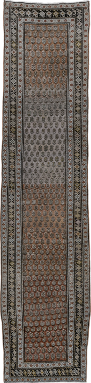 3' x 14' one-of-a-kind handmade vintage Malayer runner rug. Color palette: black, brown, charcoal, dark gray, dim gray, gray