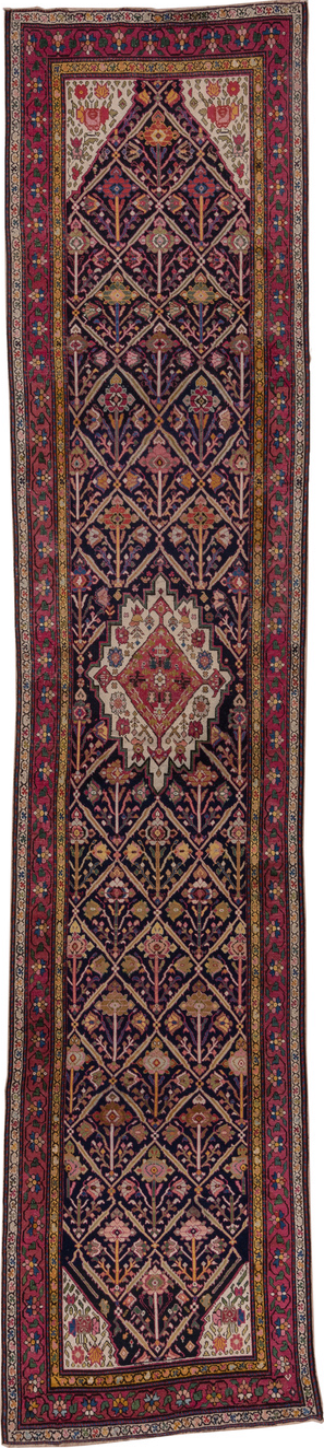 3' x 16' one-of-a-kind handmade vintage Karabagh runner rug. Color palette: black, blue, brown, gray, pink, red