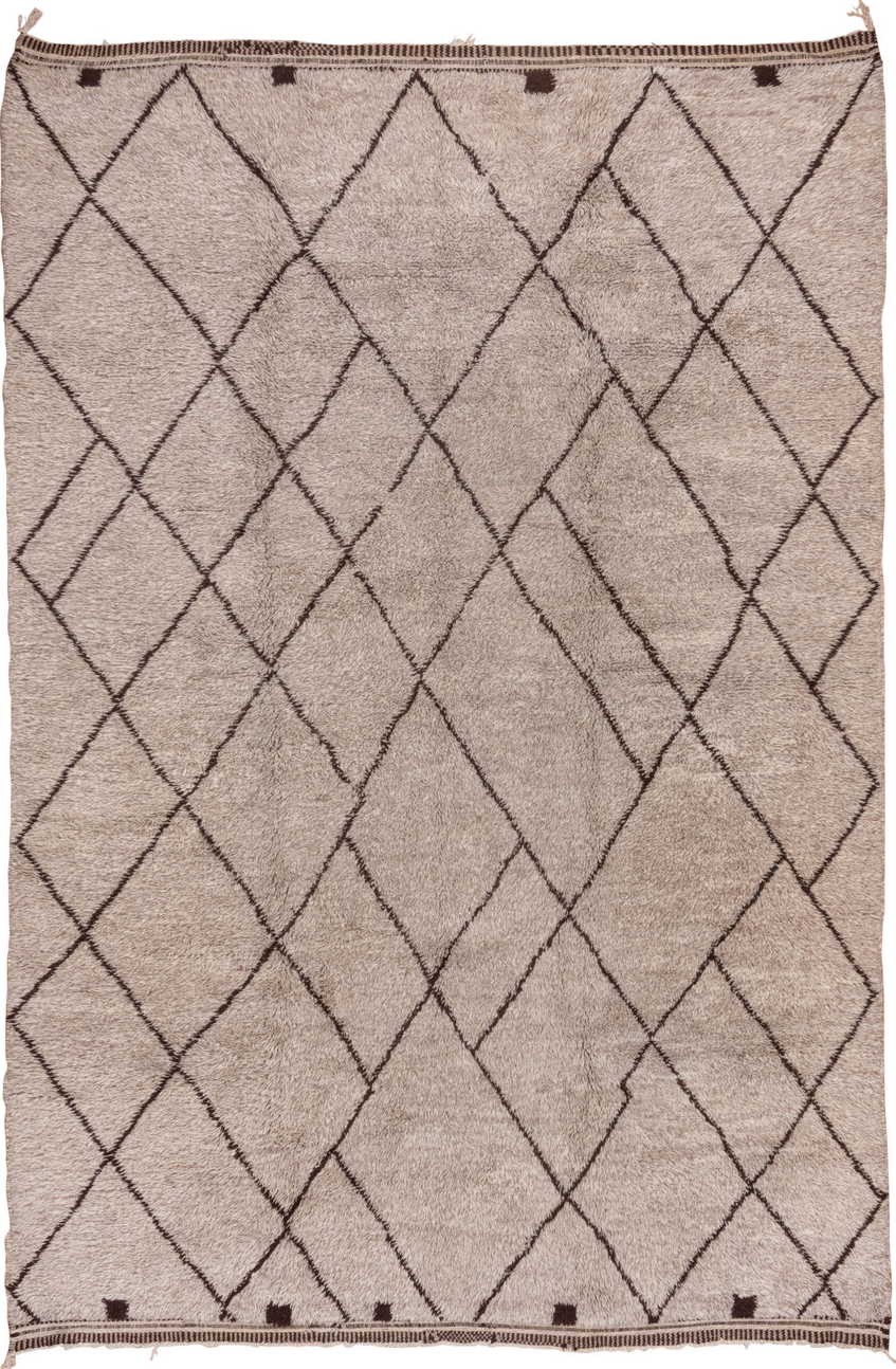 8' x 12' one-of-a-kind handmade vintage Moroccan large size rug. Color palette: brown, gray, light gray, off-white, pink