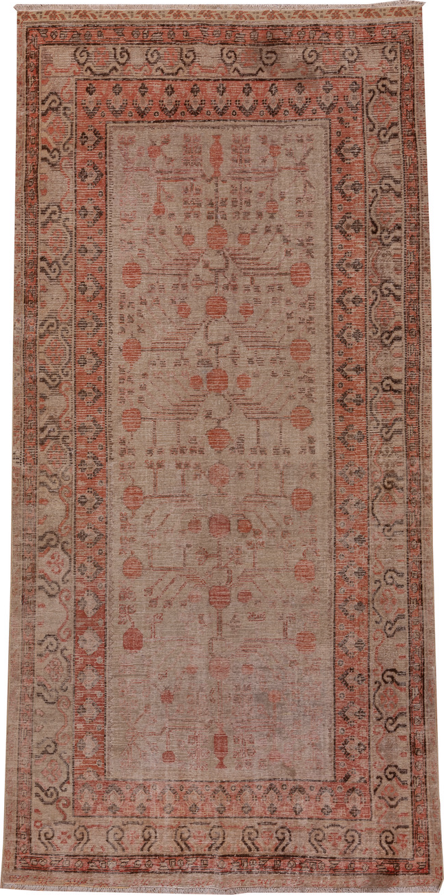 5' x 11' one-of-a-kind handmade vintage Khotan rug. Color palette: brown, gray, light gray, pink, red