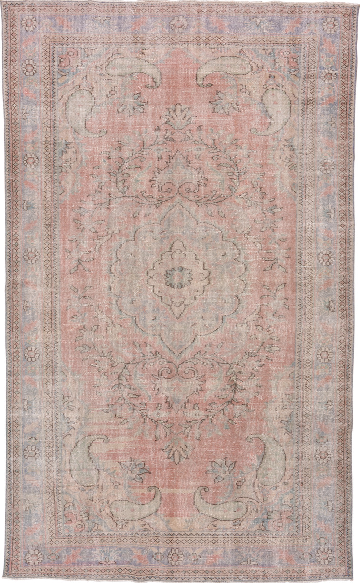 6' x 10' one-of-a-kind handmade vintage Sparta large size rug. Color palette: brown, gray, light gray, off-white, pink