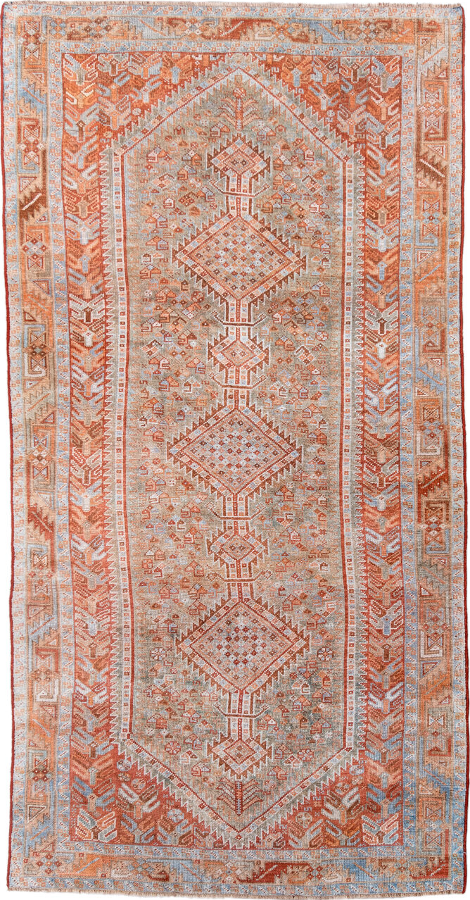 4' x 8' one-of-a-kind handmade vintage Shiraz rug. Color palette: brown, dark gray, dim gray, gainsboro, gray, light blue