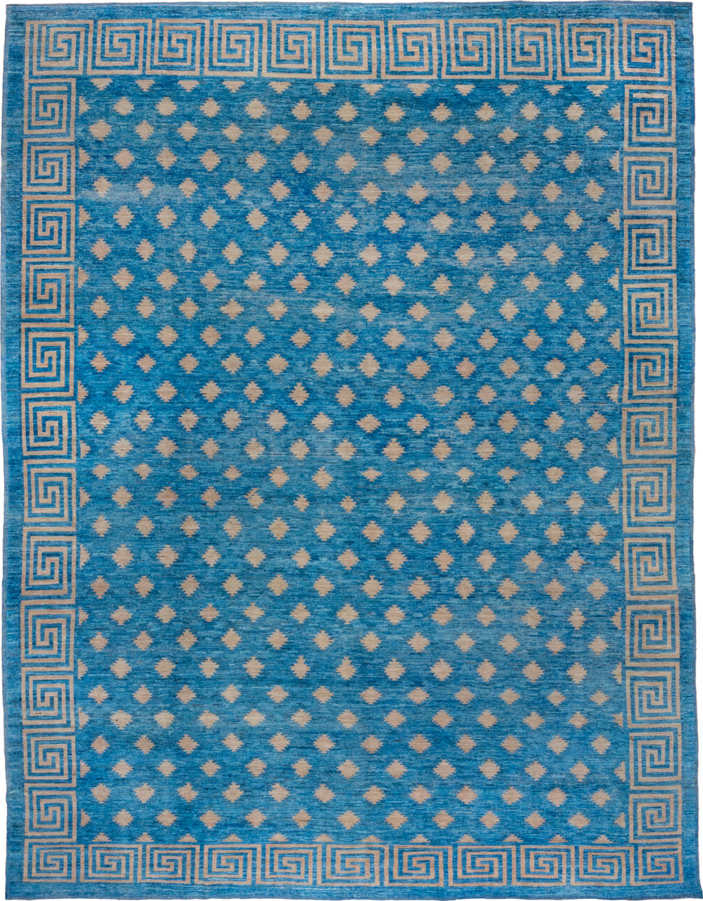 12' x 16' one-of-a-kind handmade vintage Modern oversize rug. Color palette: blue, dark gray, gray, light blue, light gray