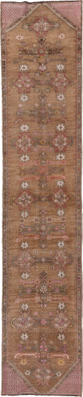 2' x 11' one-of-a-kind handmade vintage Kars runner rug. Color palette: pink, brown, off-white, light gray, gray, white