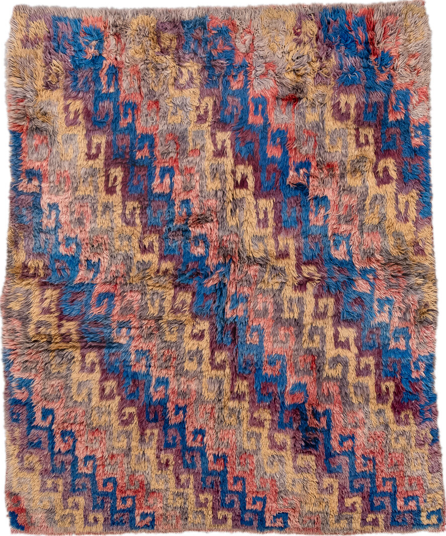 4' x 5' one-of-a-kind handmade vintage Moroccan small size rug. Color palette: blue, brown, burlywood, gray, pink, red