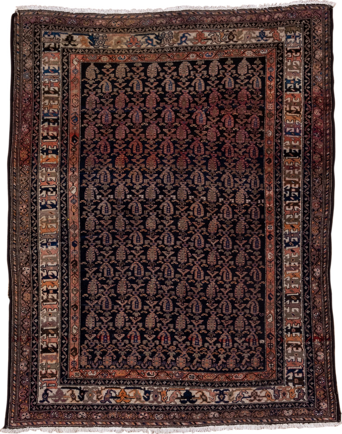 4' x 6' one-of-a-kind handmade vintage Malayer small size rug. Color palette: black, brown, gray, pink, red, redwood, sienna