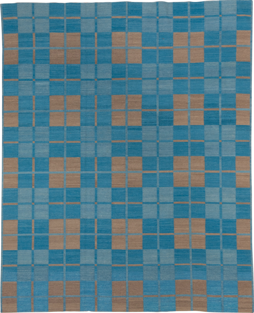 8' x 10' one-of-a-kind handmade vintage Kilim large size rug. Color palette: blue, gray, pink